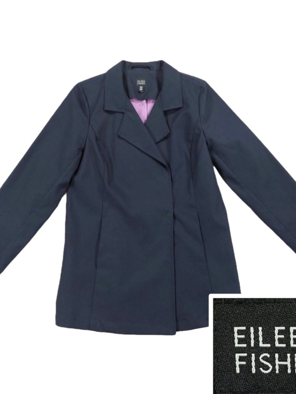Eileen Fisher Double Breasted Cropped Trench Coat Small Navy Blue Cotton Snap Up